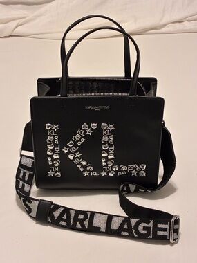 Karl Lagerfeld Black Satchel with Silver KL Stud Motif and Logo Strap
